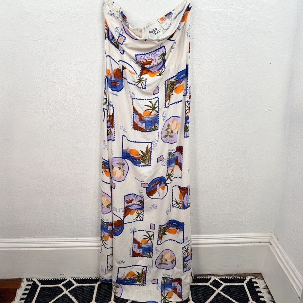 Paper Heart Strapless Maxi Dress Womens L Ivory Postcard Print Smocked Back Side